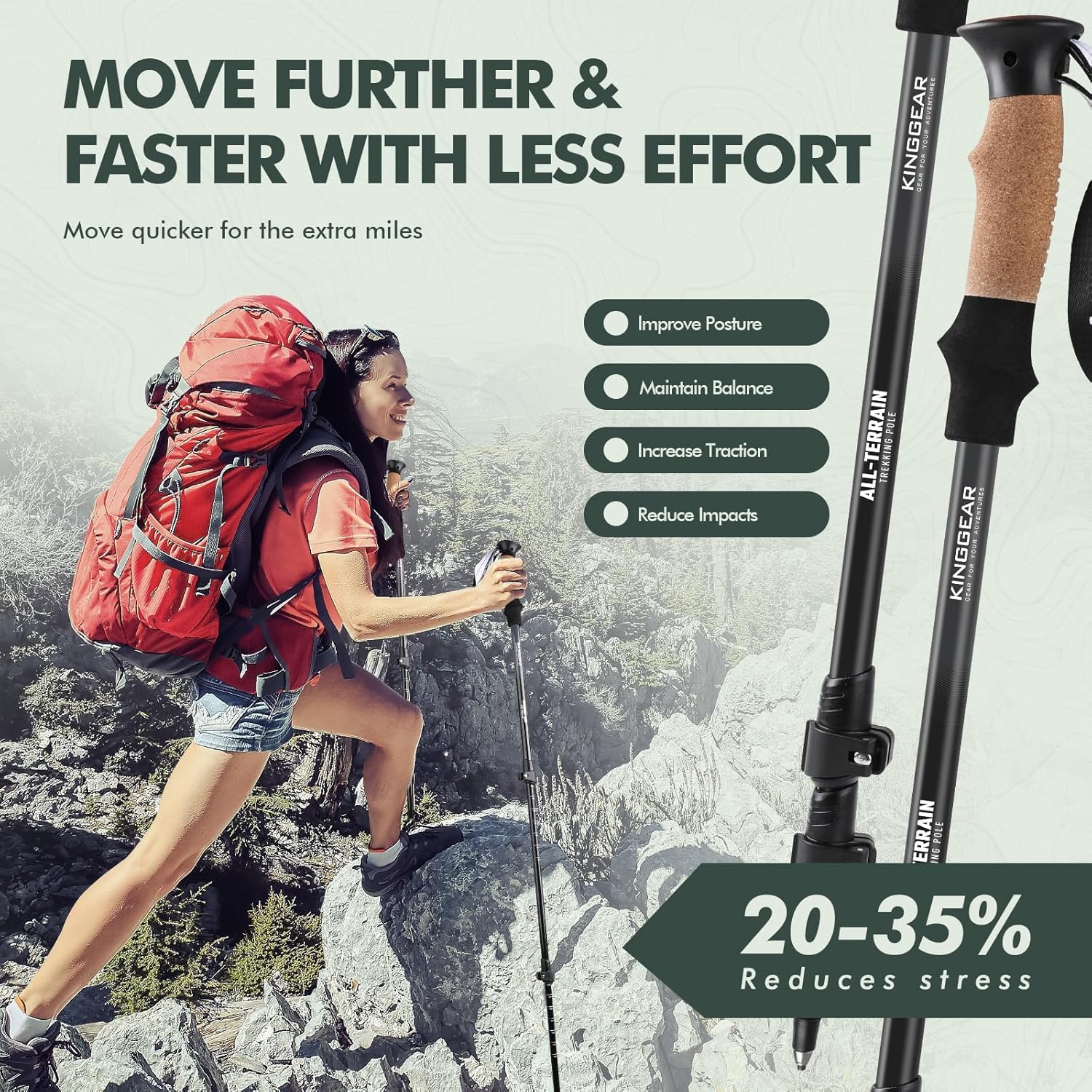 KINGGEAR Nordic Walking Stick, TP1 Hiking Poles Retractable Lightweight 7075 Aluminum, Trekking Poles with Flip Lock, Natural Cork and EVA Grip, 2pc Hiking Gear - Image 3