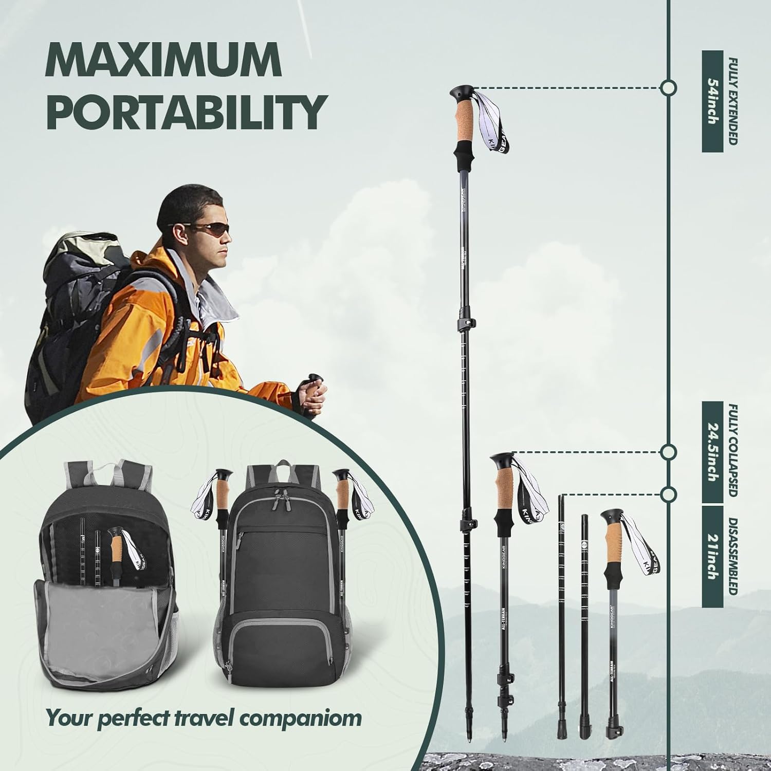 KINGGEAR Nordic Walking Stick, TP1 Hiking Poles Retractable Lightweight 7075 Aluminum, Trekking Poles with Flip Lock, Natural Cork and EVA Grip, 2pc Hiking Gear - Image 4