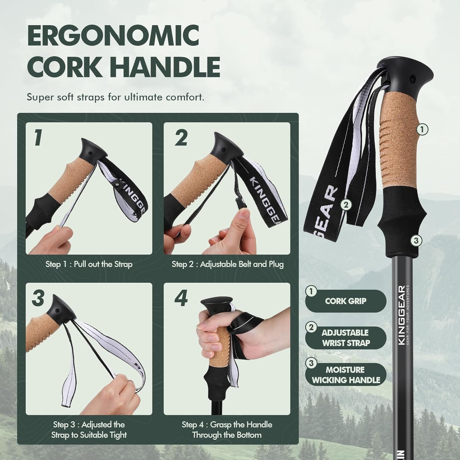 KINGGEAR Nordic Walking Stick, TP1 Hiking Poles Retractable Lightweight 7075 Aluminum, Trekking Poles with Flip Lock, Natural Cork and EVA Grip, 2pc Hiking Gear - Image 6
